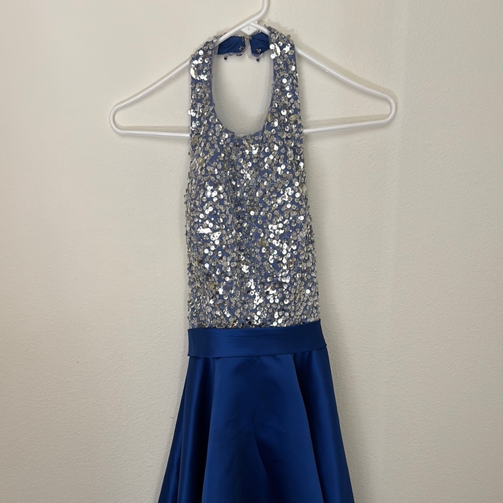 Blue and Silver Sequin Halter Prom Dress
